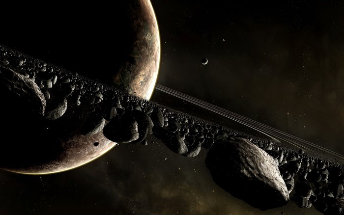 Planet with asteroid ring and moon in space