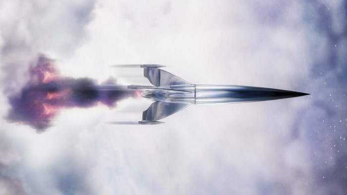 Silver spaceship flying through clouds with purple smoke trail