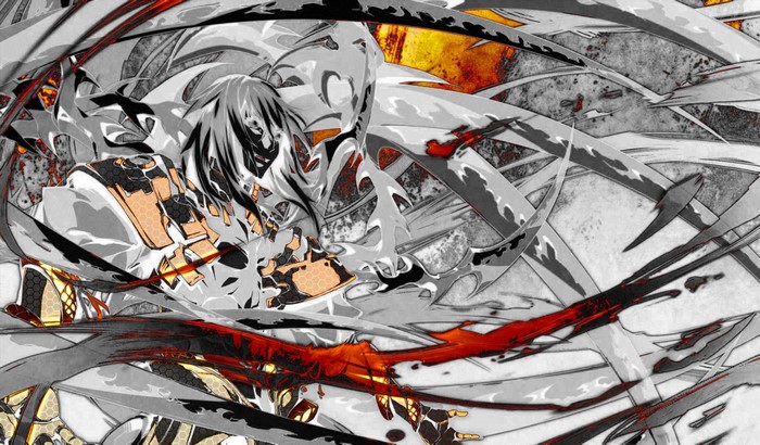 Anime character with mechanical armor and fiery effects