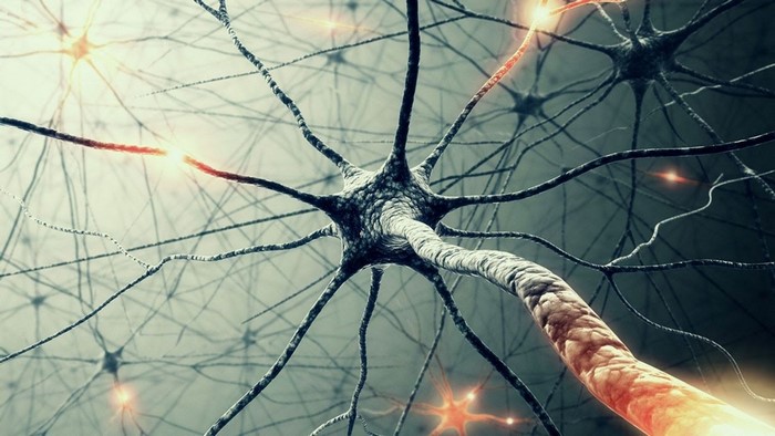 Close-up of interconnected neurons with electrical impulses