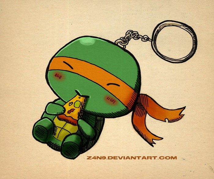 Chibi Michelangelo from Teenage Mutant Ninja Turtles eating pizza