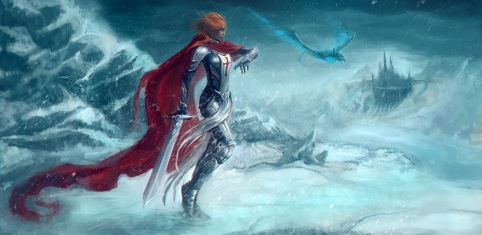 Fantasy knight with red cape and sword in snowy landscape with dragon and castle