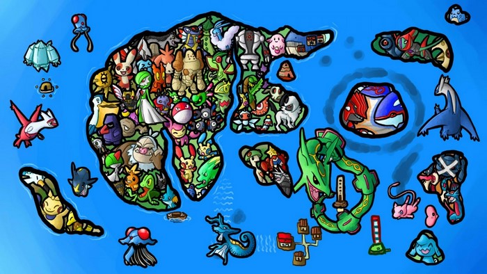 Pokemon world map illustration with various Pokemon characters