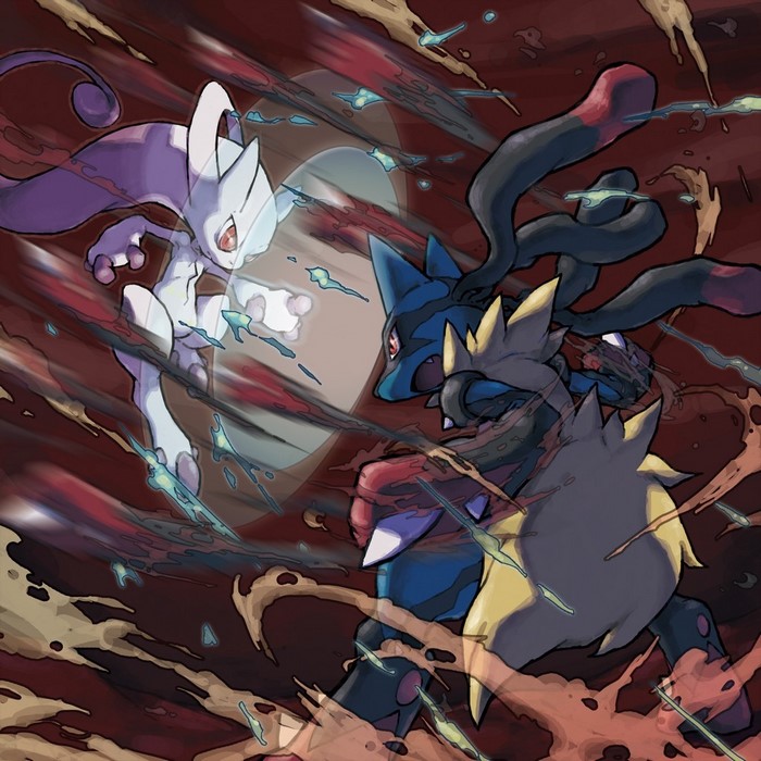 Mewtwo and Lucario battling