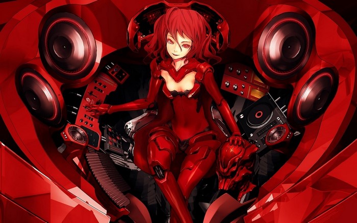 Redhead cyborg DJ in red suit with speakers