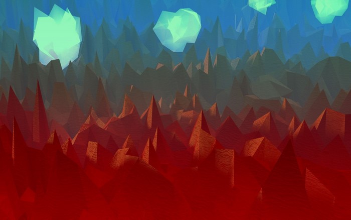 Low poly abstract landscape with glowing orbs