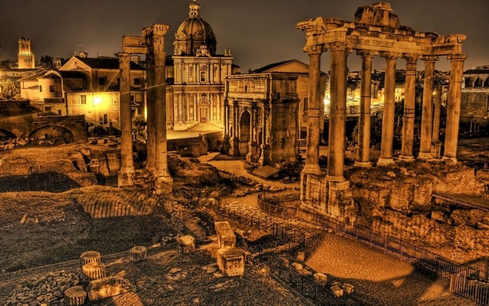 Roman Forum ruins at night