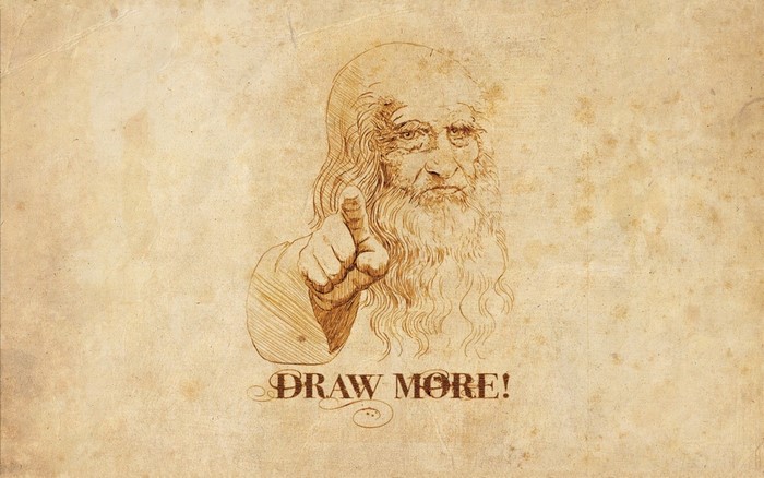 Leonardo da Vinci sketch with text "DRAW MORE!"