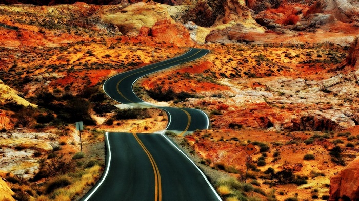 Winding road through a desert landscape