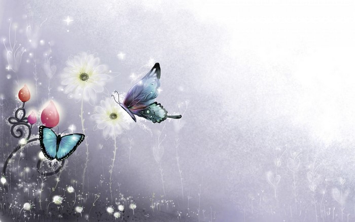 Two butterflies near glowing flowers and plants