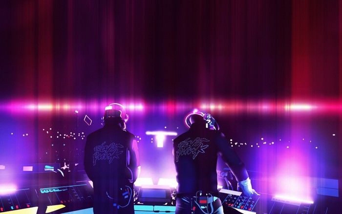 Daft Punk performing on stage with audience