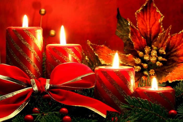 Festive Red Candles with Christmas Decorations