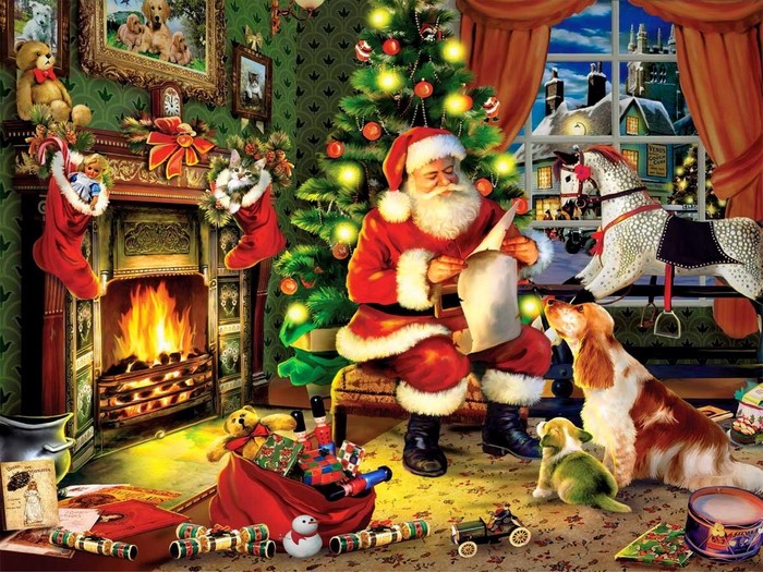 Santa Claus reading a list by a Christmas tree and fireplace