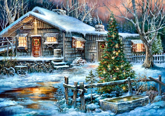 Cozy winter cabin with Christmas tree and snow
