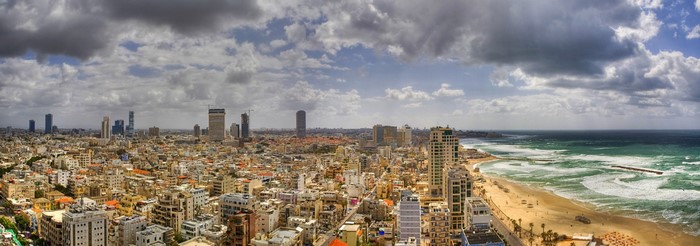 Panoramic cityscape of Tel Aviv with beach and Mediterranean Sea