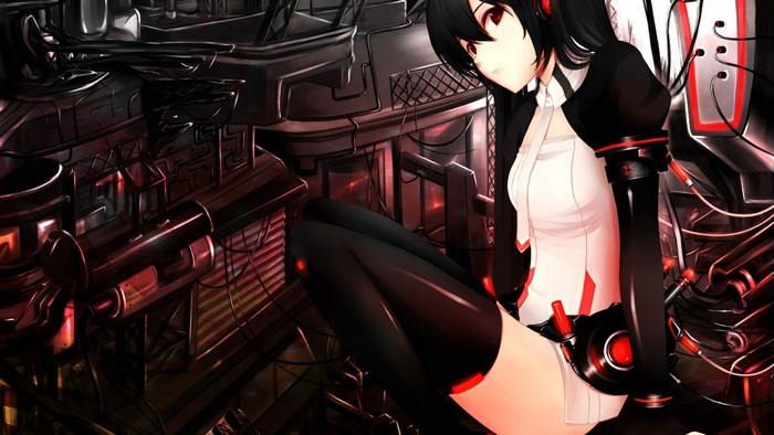 Anime girl with black hair and red eyes in a futuristic setting