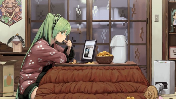 Hatsune Miku in a cozy room with a kotatsu