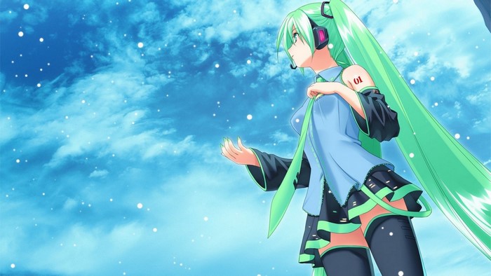 Hatsune Miku from Vocaloid in a blue sky with snow