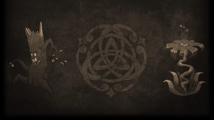 Illustration of a tree monster, Celtic knot, and a flower