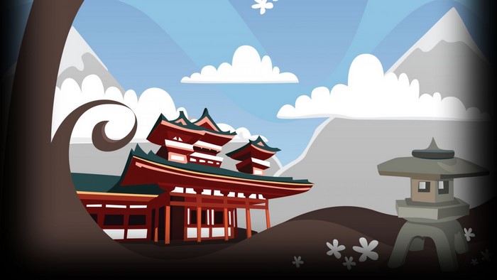 Japanese Temple with Mountains and Stone Lantern
