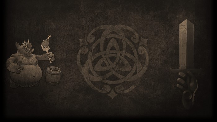 Orc holding chicken leg with sword and Celtic knot