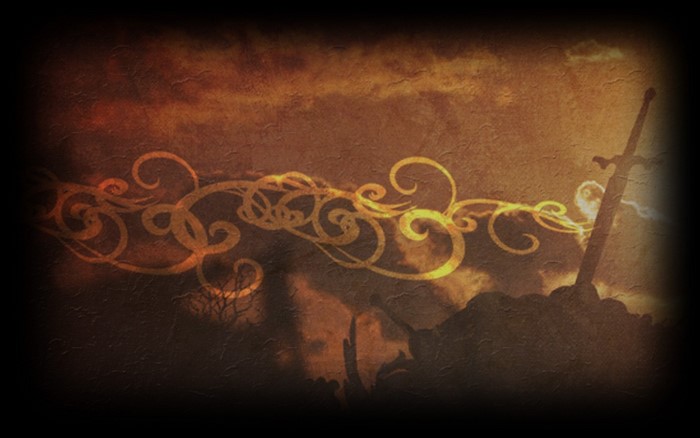 Elminage Gothic illustration with ornate swirls and a sword