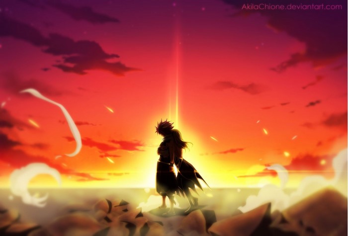 Natsu and Lucy from Fairy Tail at sunset
