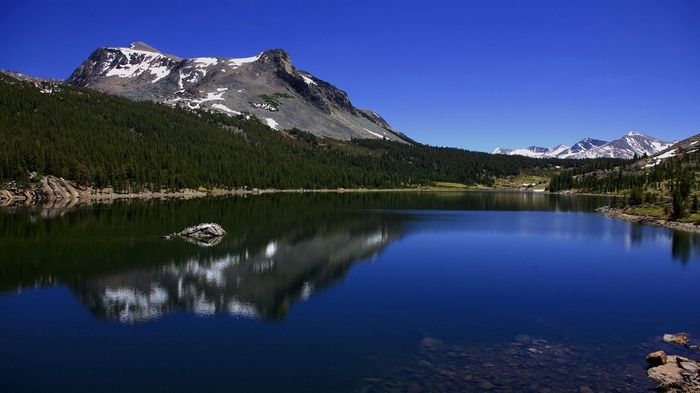 Mountain lake with reflection and snow-capped peaks