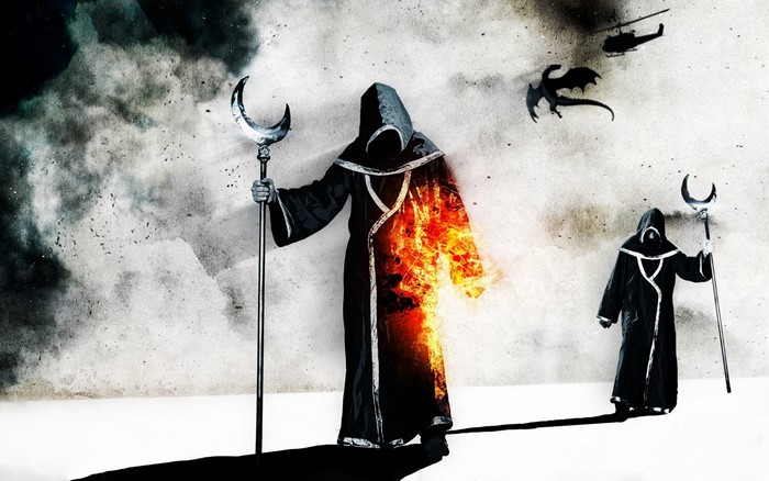 Two robed figures with crescent staffs, dragon, and helicopter