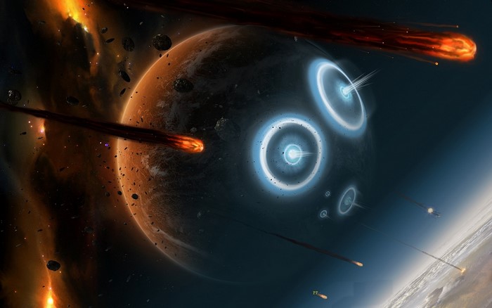 Planetary bombardment with meteors and energy shields