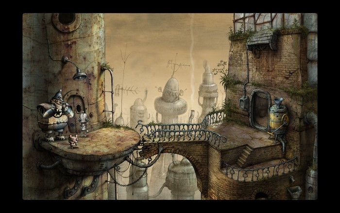 Machinarium screenshot with robots and a city