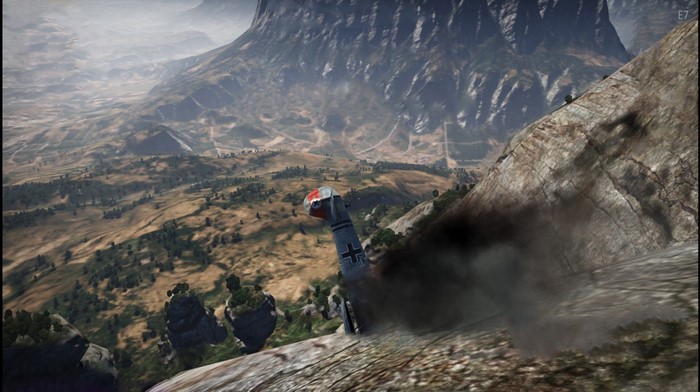 War Thunder airplane crashing on a mountain cliff