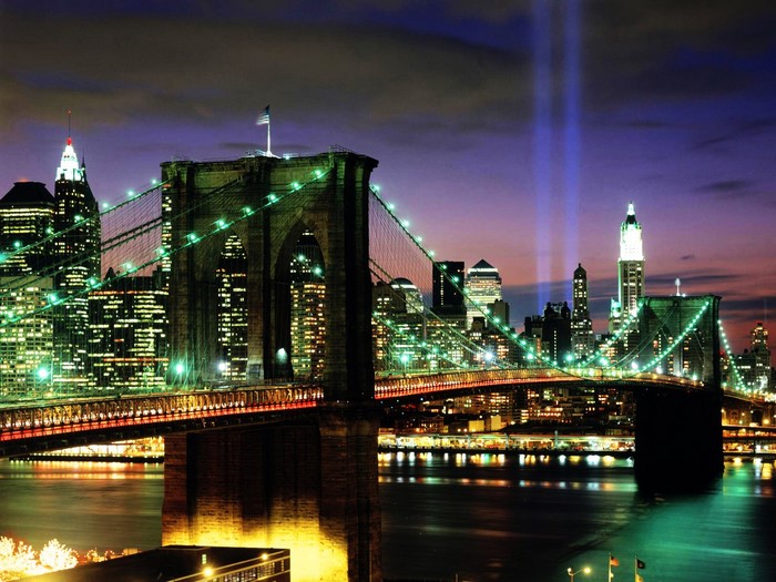 Brooklyn Bridge and New York City Skyline at Night with Tribute in Light