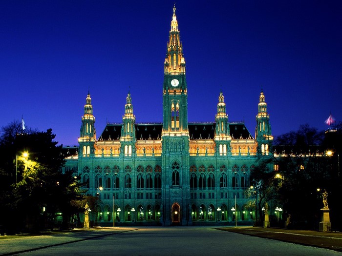 Vienna City Hall illuminated at night