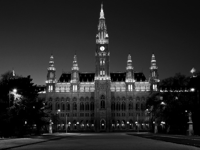 Vienna City Hall at night, monochrome