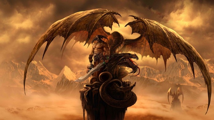 Fantasy art of a warrior with a dragon