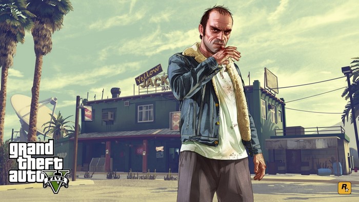 Trevor Philips from Grand Theft Auto V in front of Yellow Jack Inn