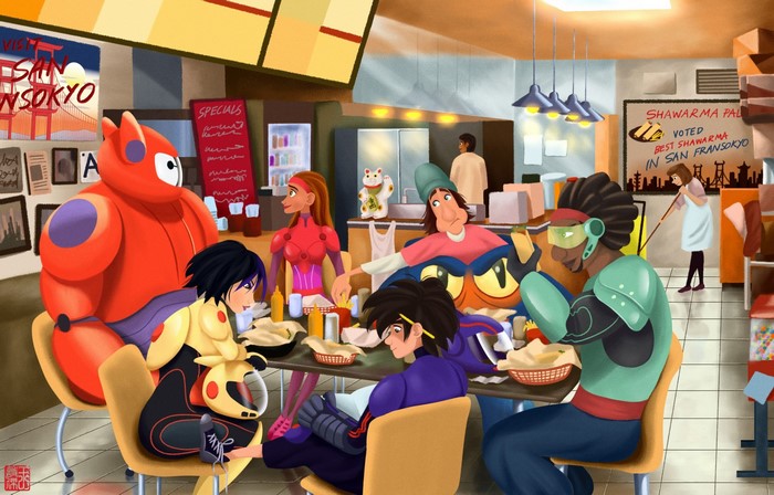 Big Hero 6 characters eating at a shawarma restaurant