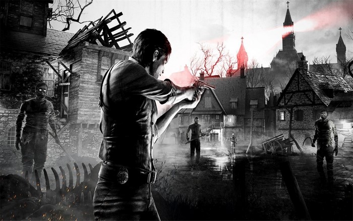 The Evil Within video game art with zombies and a man with a gun