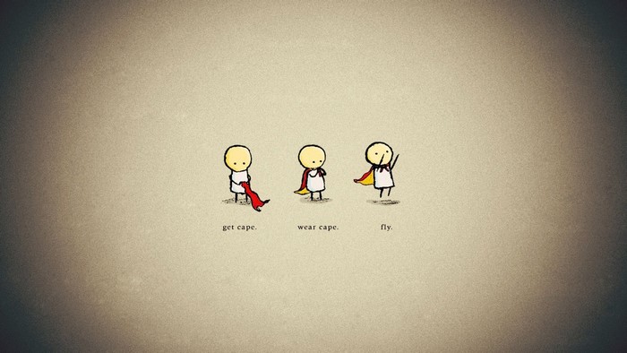 Illustration of three stick figures getting a cape, wearing a cape, and flying