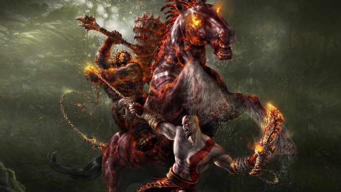 Kratos fighting a fiery horse and rider in God of War