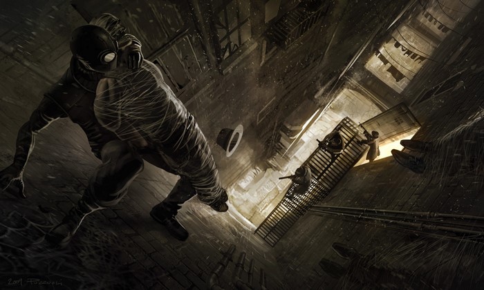 Spider-Man Noir in a dark alleyway