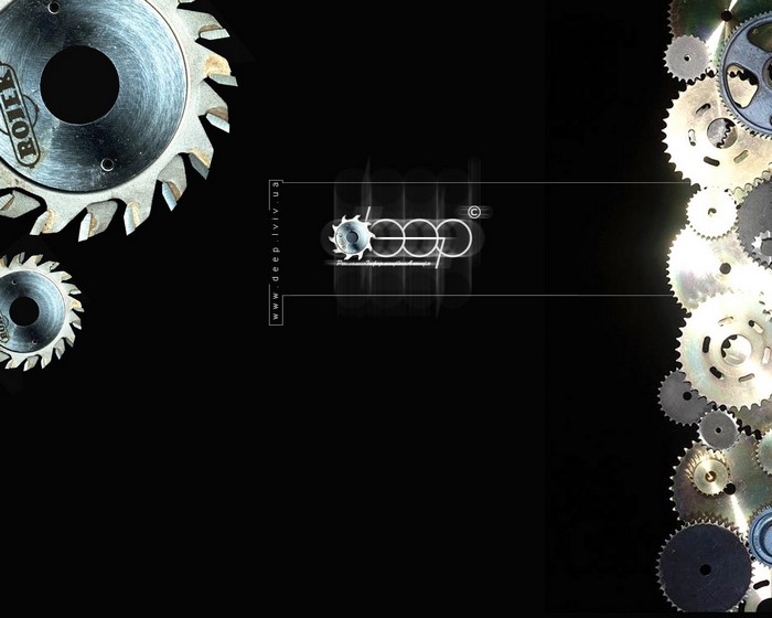 Circular saw blades and gears on black background