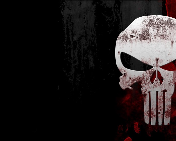 The Punisher skull logo with red and black background