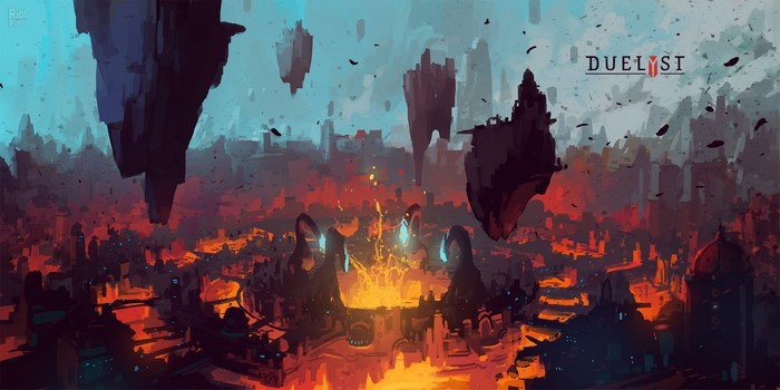 Duelyst artwork of a floating city with a fiery core