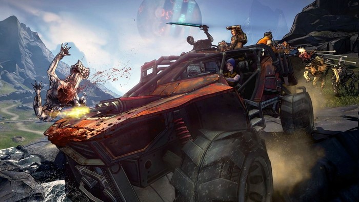Borderlands 2 screenshot of characters in a vehicle fighting monsters