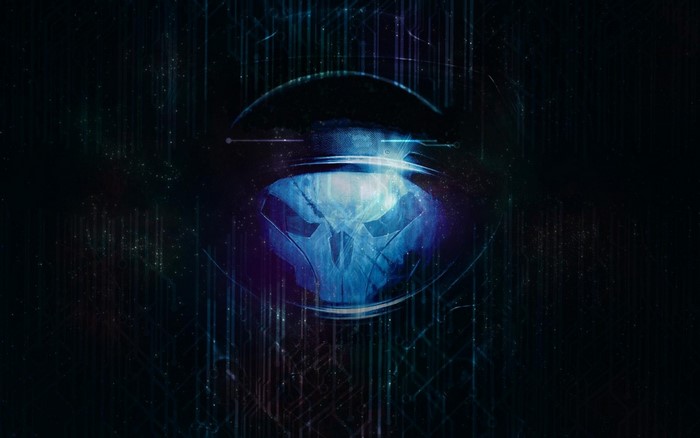 Skull in a futuristic helmet with digital background