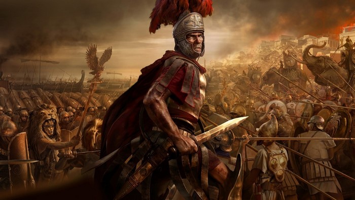 Roman soldier leading an army with elephants