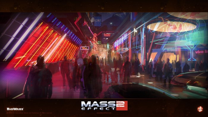 Mass Effect 2 concept art of a crowded neon-lit street