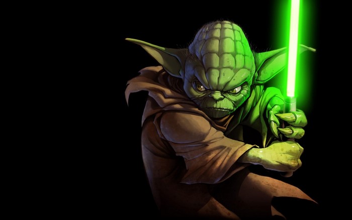Yoda from Star Wars holding a green lightsaber